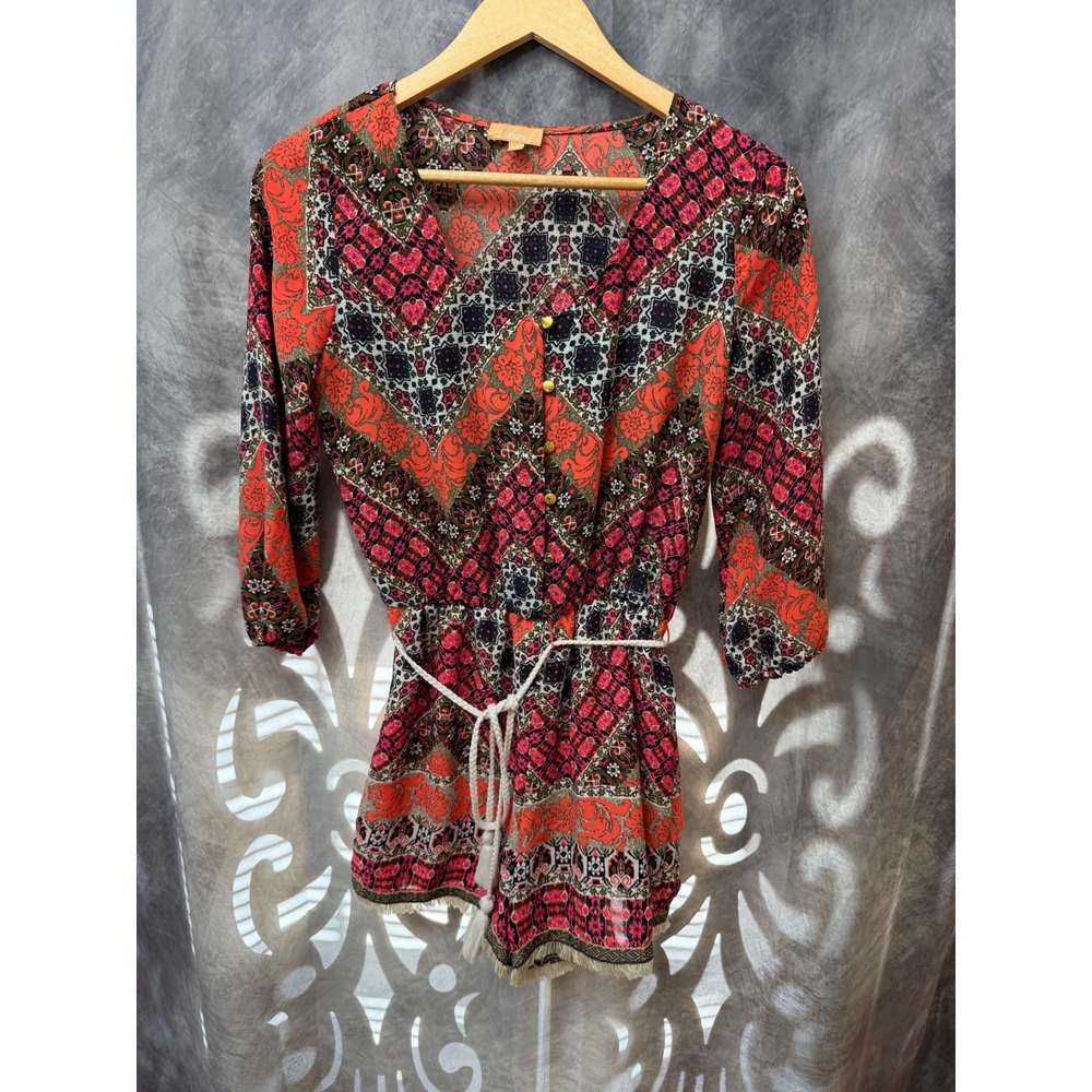 Takara Women Orange Pink Boho Geometric Fringe Trim Romper Small 8621PTR